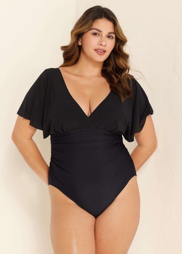 Black V Neck Mesh Flutter Sleeves One Piece Swimsuit