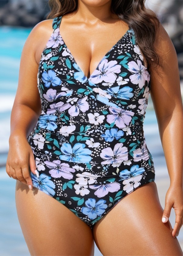 Plus Size V Neck Wrap Adjustable Straps One Piece Swimsuit