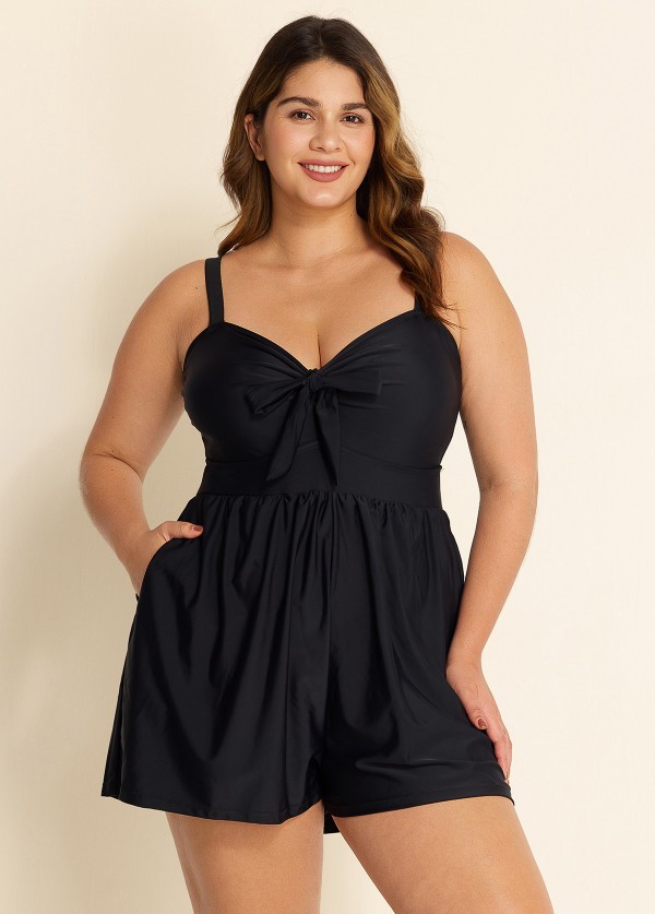 Plain Black Bowknot Pocket Gathered Romper One Piece Swimsuit