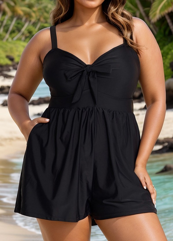 Plain Black Bowknot Pocket Gathered Romper One Piece Swimsuit
