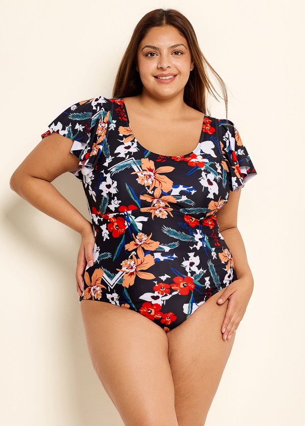 Plus Size Fashionable Floral Print Ruffle Sleeve One Piece Swimsuit