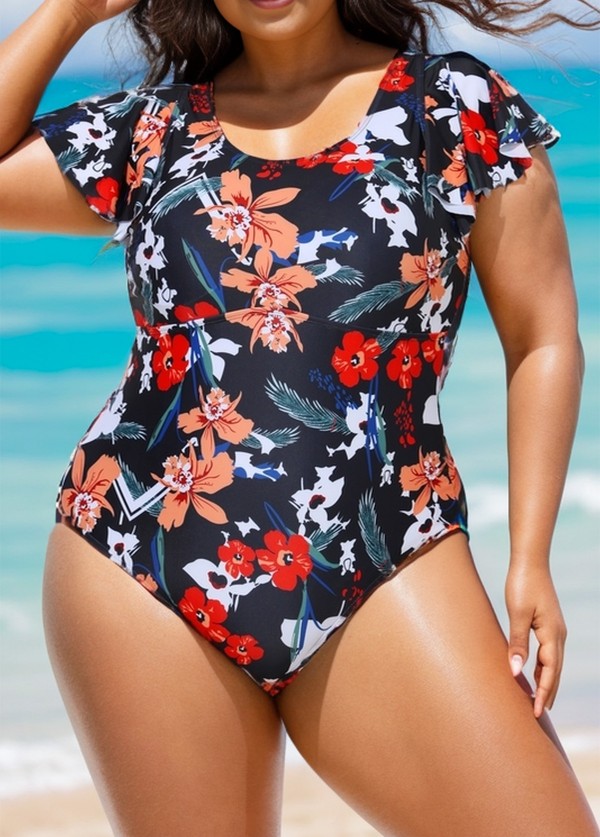 Plus Size Fashionable Floral Print Ruffle Sleeve One Piece Swimsuit