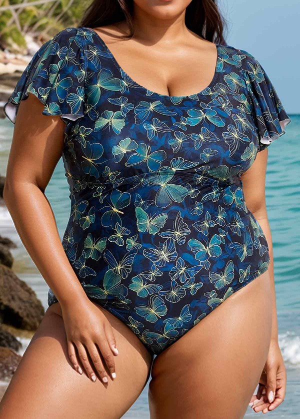 Green Gold Butterfly Ruffle Sleeve Modest Plus Size One Piece Swimsuit