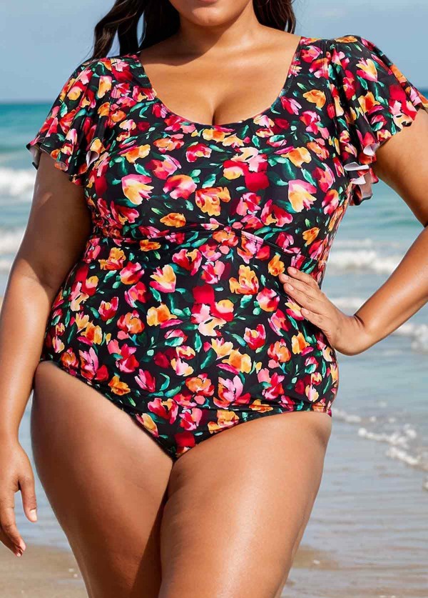 Curvy Red Floral Short Sleeve Swimsuit And Swimwear One Piece Swimsuit