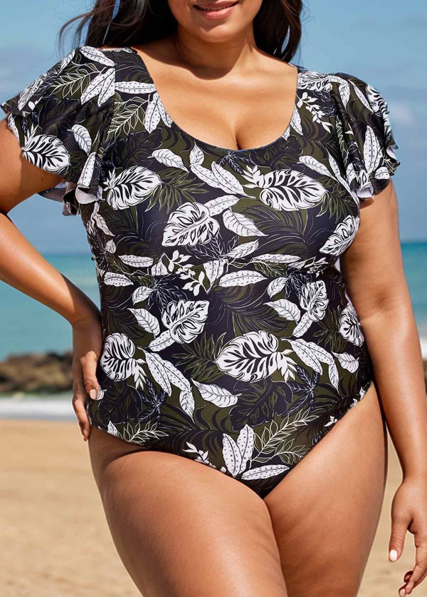 Black Leaf Print Short Sleeve Plus Size Swimsuit Swimwear One Piece Swimsuit
