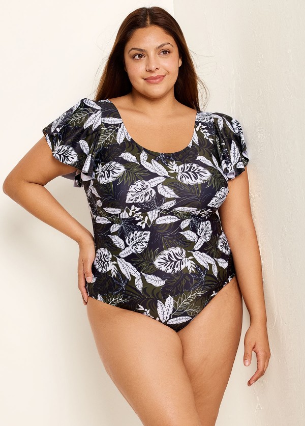 Black Leaf Print Short Sleeve Plus Size Swimsuit Swimwear One Piece Swimsuit
