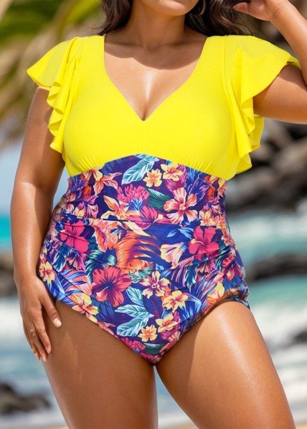 Yellow with Tropical Floral Print Ruffle Sleeved One Piece Swimsuit