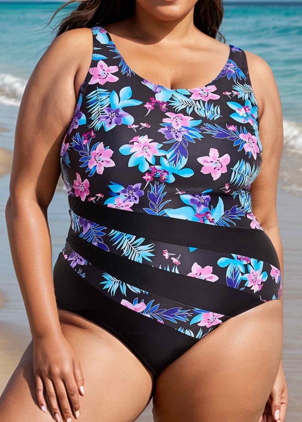 Plus Size Purple Floral Color Block Swimsuits One Piece Swimsuit