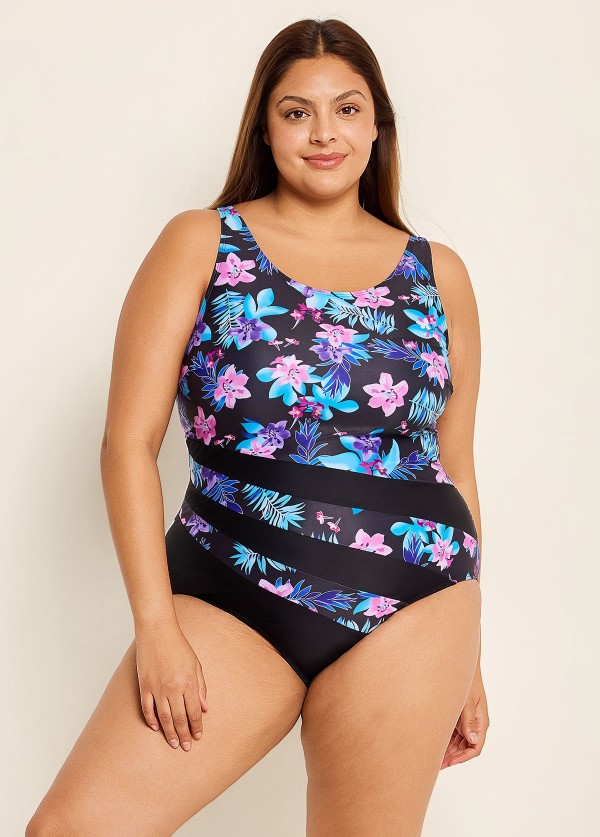 Plus Size Purple Floral Color Block Swimsuits One Piece Swimsuit
