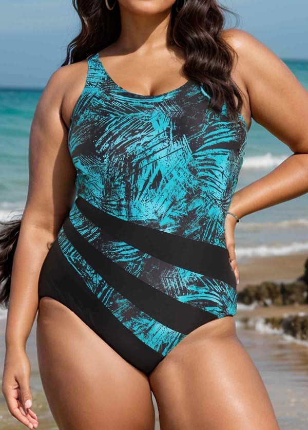 Plus Size Green Leaf Print Color Block Swimsuit One Piece Swimsuit