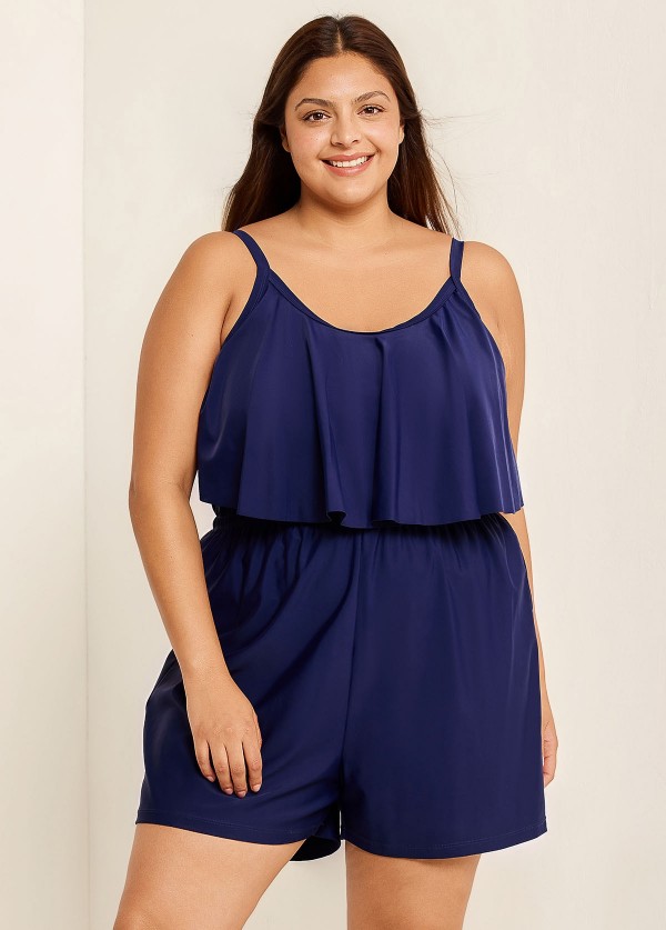 Plus Size Leisure Beach With Ruffle Hem Detailed Romper One Piece Swimsuit