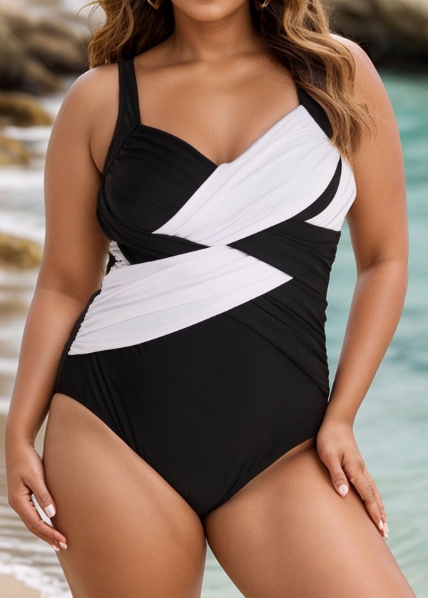 Black And White V Neck Crossover Pleated One Piece Swimsuit