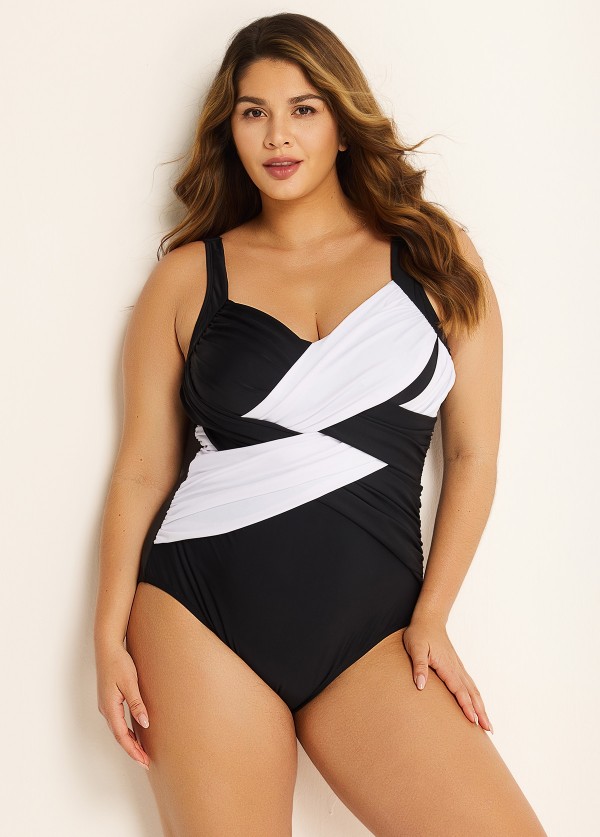 Black And White V Neck Crossover Pleated One Piece Swimsuit