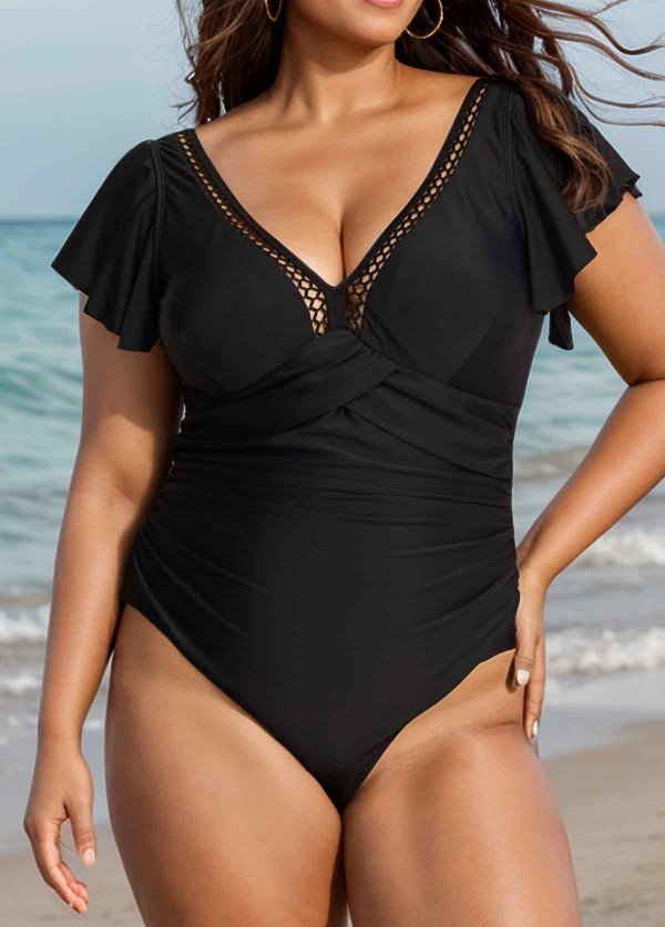 Black V Neck Cutout Edge Pleated One Piece Swimsuit