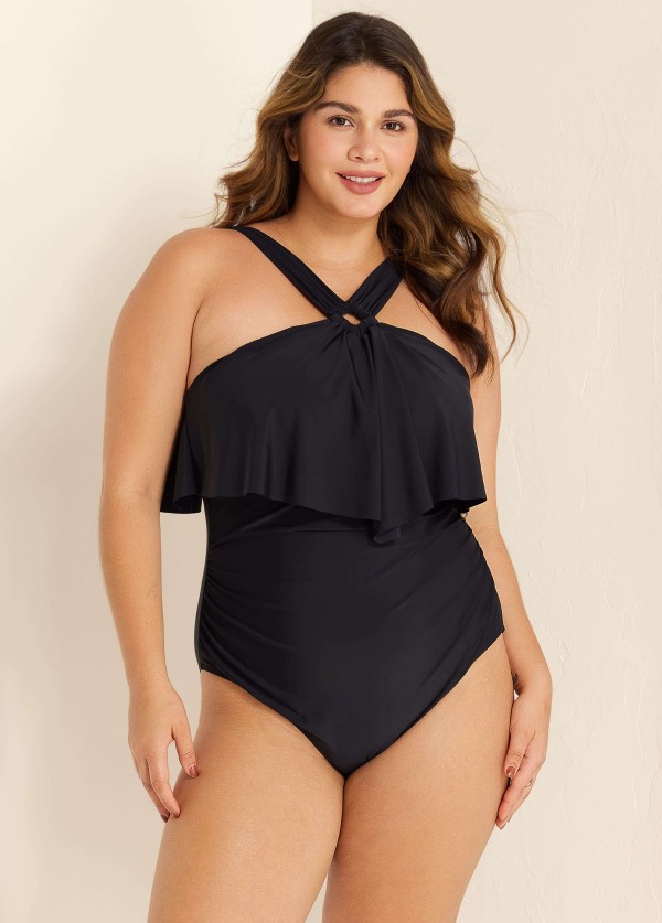 Black Square Cut Hardware One Piece Swimsuit