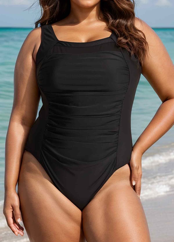 Black Square Neck Mesh Stylish One Piece Swimsuit