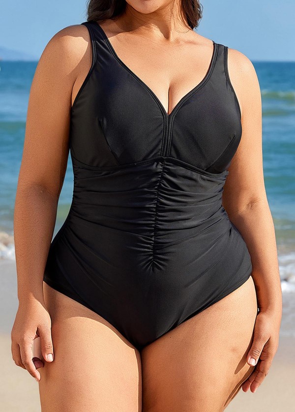 Black V Neck Ruched Cut One Piece Swimsuit