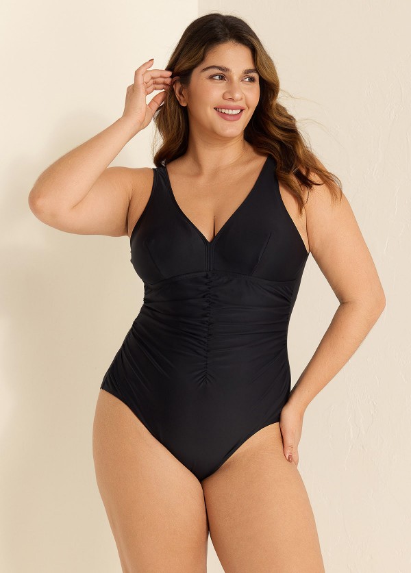 Black V Neck Ruched Cut One Piece Swimsuit