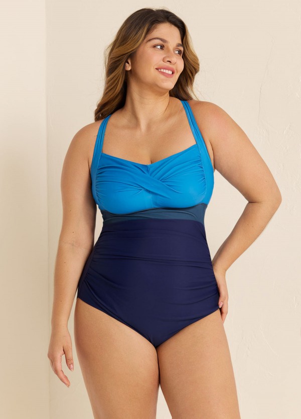 Blue Panelled Twist Front Modest Plus Size One Piece Swimsuit