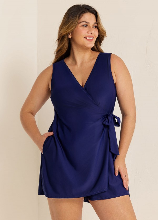 Plus Size Blue Drawstring Pocket 1 Piece Bathing Suits Romper One Piece Swimsuit