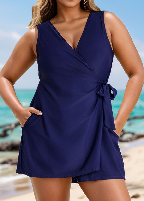 Plus Size Blue Drawstring Pocket 1 Piece Bathing Suits Romper One Piece Swimsuit