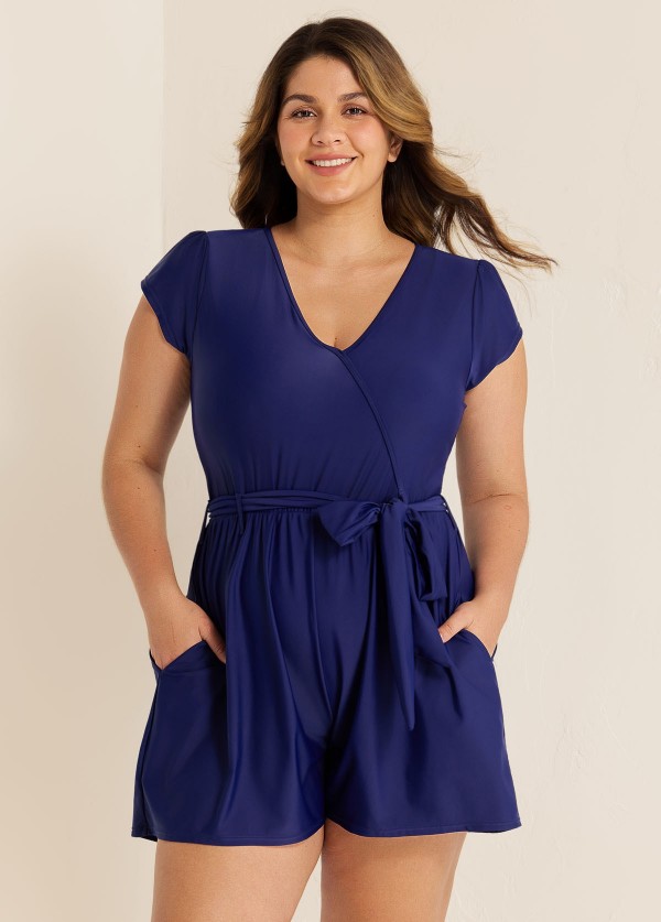 Blue Wrap Pocket Curvy 1 Piece Bathing Suits Romper One Piece Swimsuit