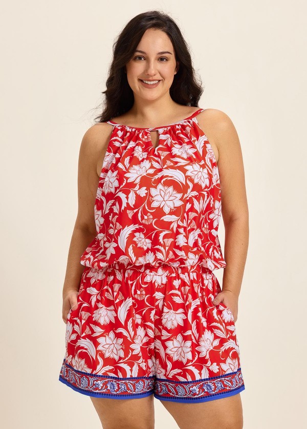 Curvy Red Floral Keyhole Neck Flattering Pocket Women's Swimsuit One Piece Swim Romper
