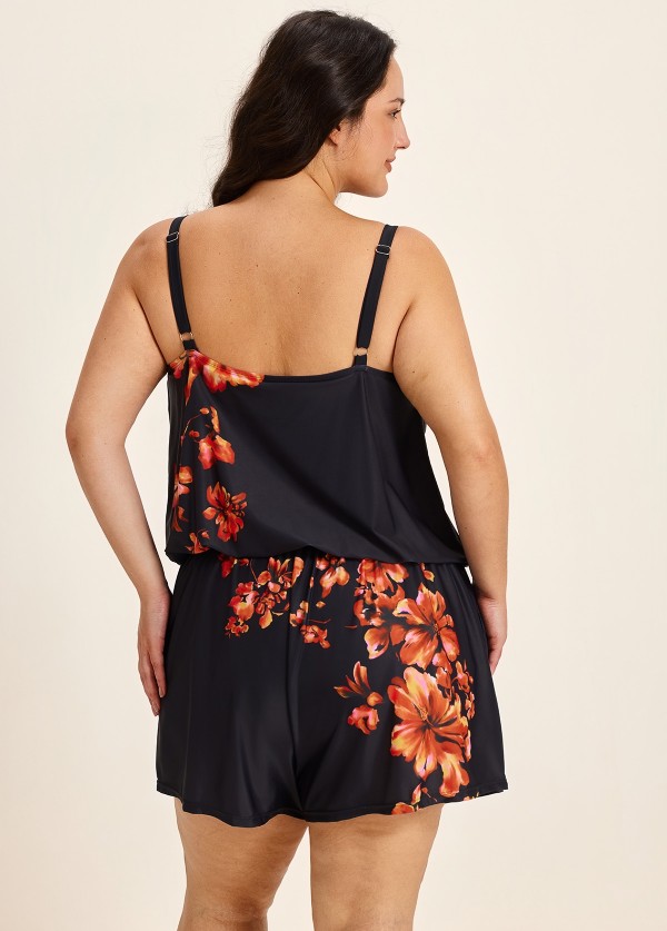 Curvy Red Tropical Floral Keyhole Neck Modest Pocket Women's Swimsuit One Piece Swim Romper