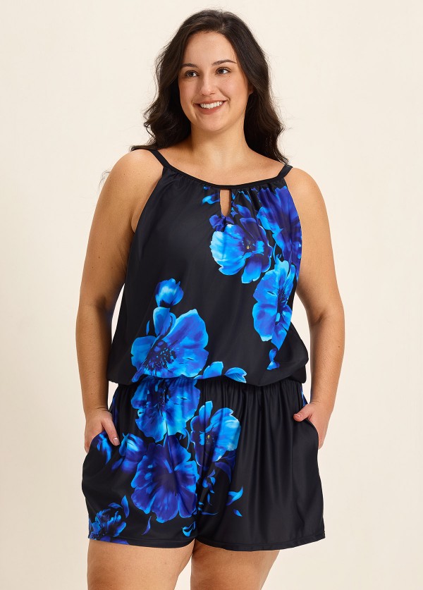 Blue Floral High Neck Flattering Pocket Plus Size Women's Swimsuit One Piece Swim Romper