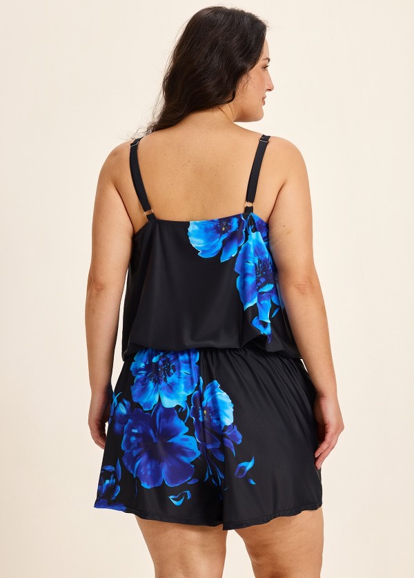 Blue Floral High Neck Flattering Pocket Plus Size Women's Swimsuit One Piece Swim Romper