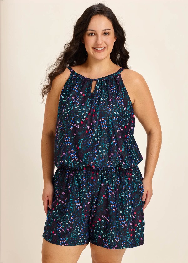 Black Print High Neck Flattering Pocket Curvy Women's Swimsuit One Piece Swim Romper