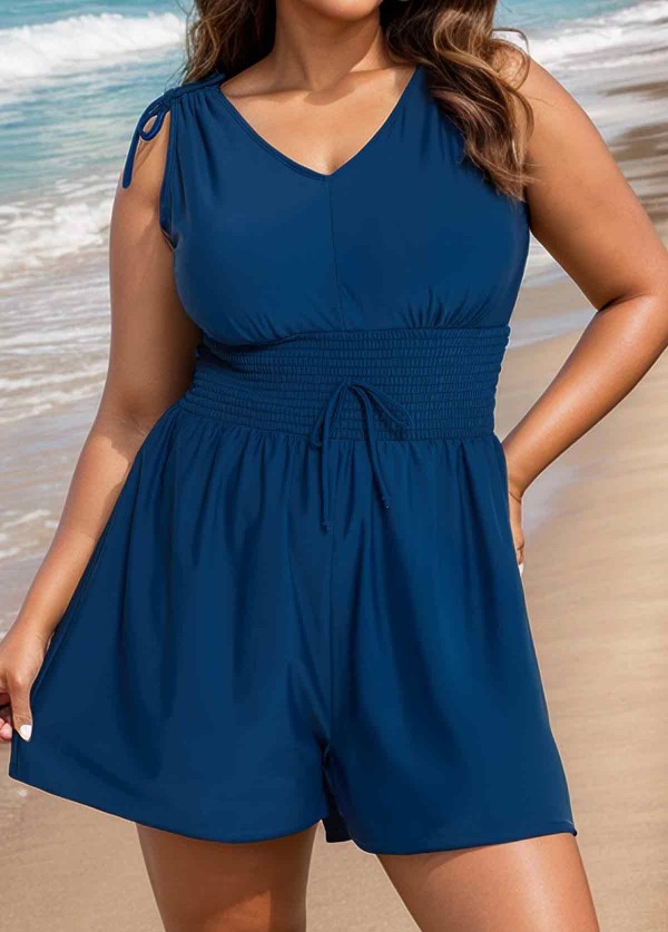 Blue Elastic Waist Wide Strap Curvy 1 Piece Bathing Suits Romper One Piece Swimsuit