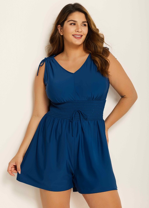 Blue Elastic Waist Wide Strap Curvy 1 Piece Bathing Suits Romper One Piece Swimsuit