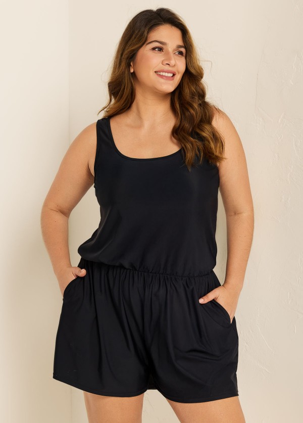 Plus Size Black Wide Strap Pocket 1 Piece Bathing Suits Romper One Piece Swimsuit