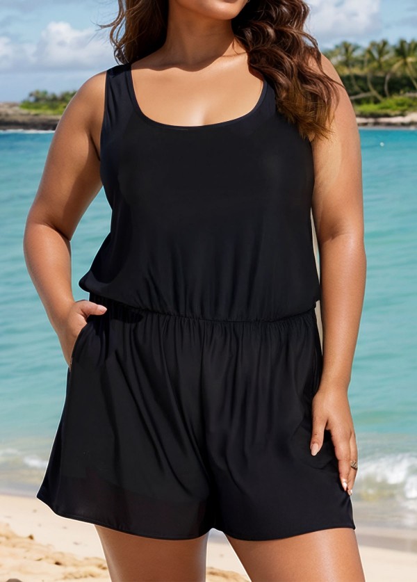 Plus Size Black Wide Strap Pocket 1 Piece Bathing Suits Romper One Piece Swimsuit