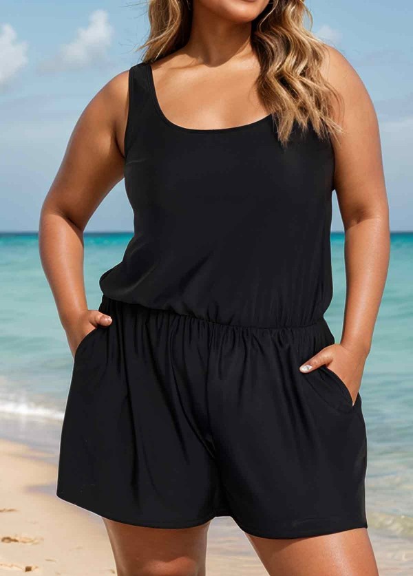 Plus Size Black Wide Strap Pocket 1 Piece Bathing Suits Romper One Piece Swimsuit