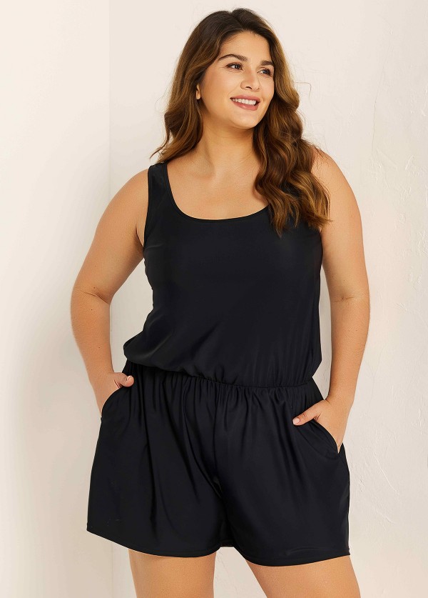 Plus Size Black Wide Strap Pocket 1 Piece Bathing Suits Romper One Piece Swimsuit