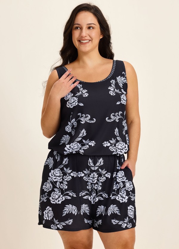 Plus Size Black Floral Wide Strap Pocket Bathing Suits Romper One Piece Swimsuit