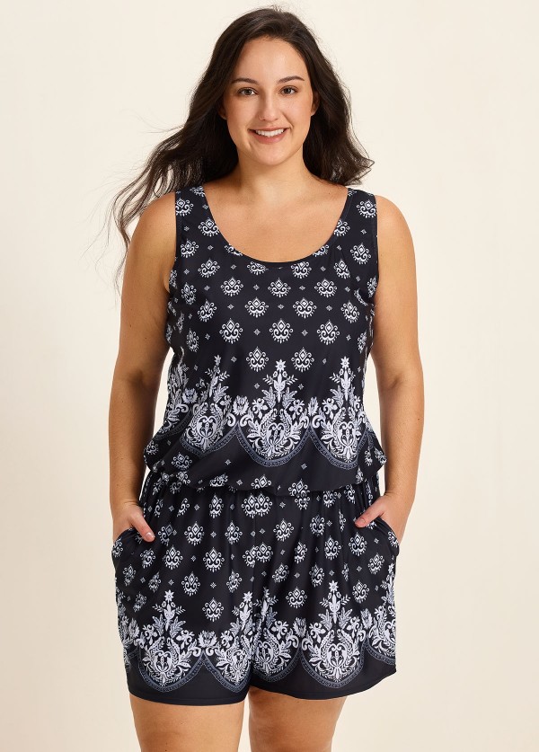 Baroque Pattern Print Vintage Wide Straps Pocket Curvy Swimsuit One Piece Swim Romper