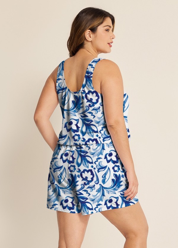 Curvy Blue And White Floral Vintage Wide Straps Pocket Swimsuit One Piece Swim Romper