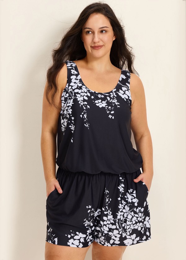 Black Floral Built In Bra Wide Straps Pocket Curvy Women's Swimsuit One Piece Swim Romper