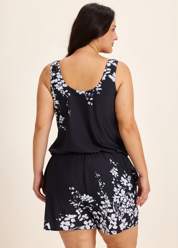 Black Floral Built In Bra Wide Straps Pocket Curvy Women's Swimsuit One Piece Swim Romper