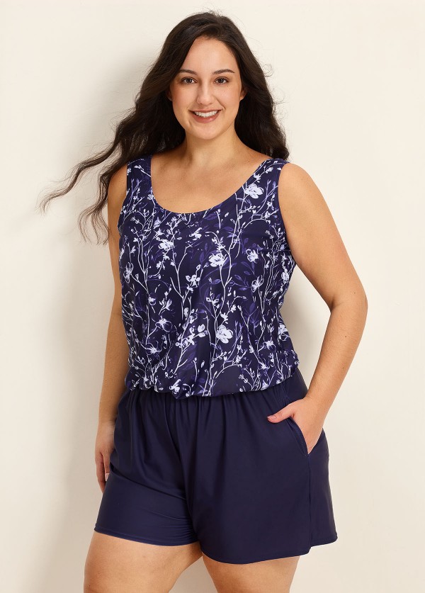 Curvy Purple Floral Modest Wide Straps Pocket Women's Swimsuit One Piece Swim Romper