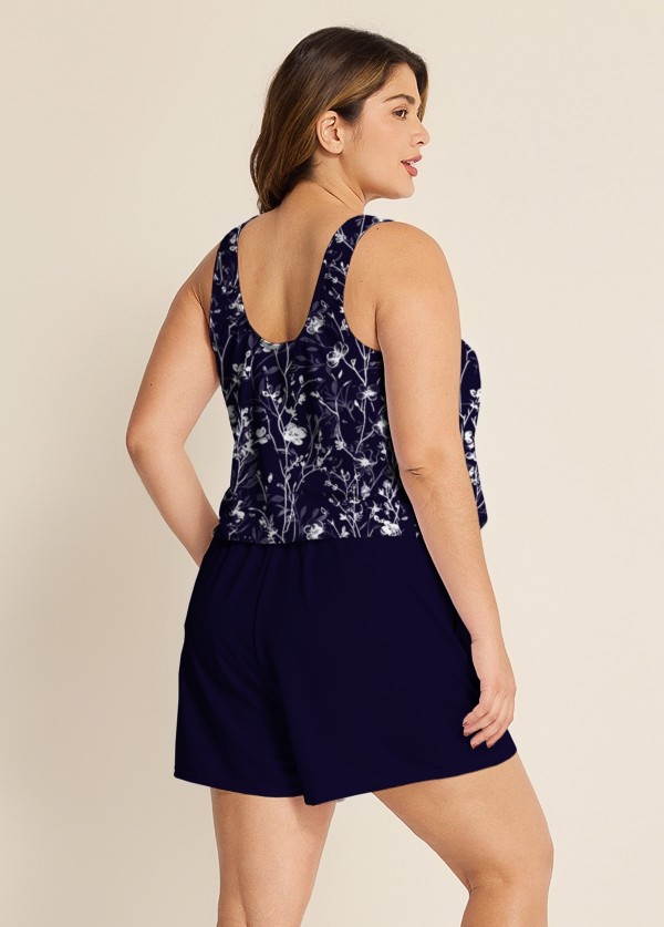 Curvy Purple Floral Modest Wide Straps Pocket Women's Swimsuit One Piece Swim Romper