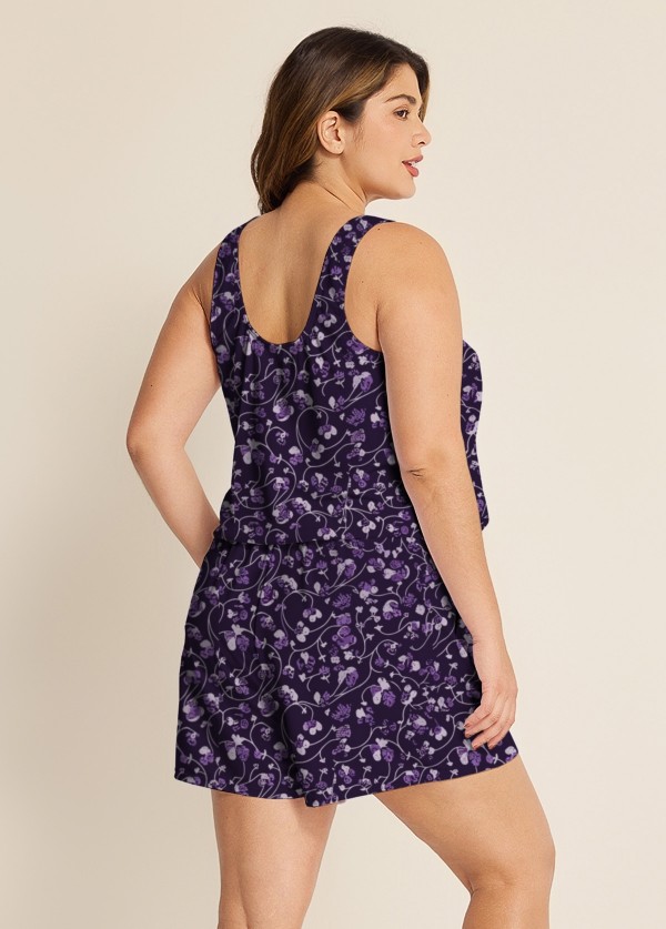Purple Floral Modest Wide Straps Pocket Plus Size Women's Swimsuit One Piece Swim Romper