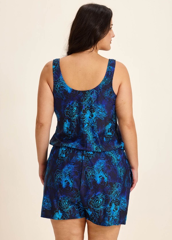 Curvy Navy Floral Vintage Wide Straps Pocket Women's Swimsuit One Piece Swim Romper