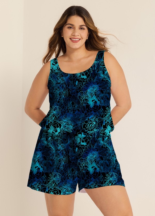 Curvy Navy Floral Vintage Wide Straps Pocket Women's Swimsuit One Piece Swim Romper