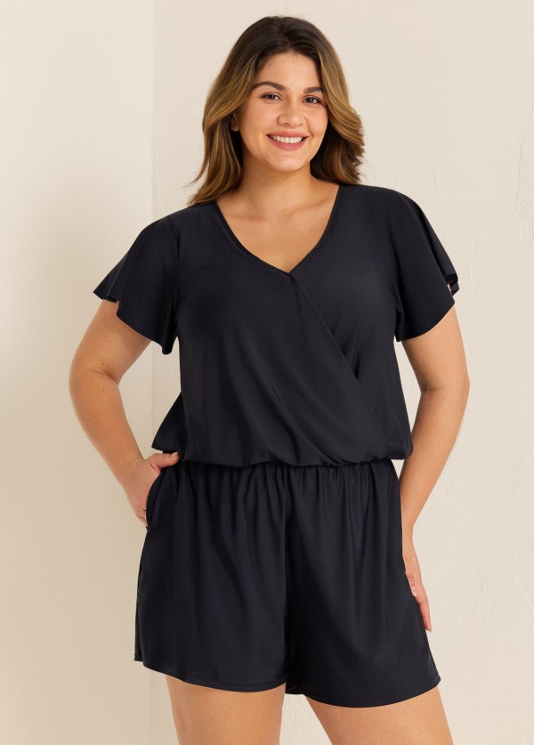 Black Short Sleeves Pocket Curvy 1 Piece Bathing Suits Romper One Piece Swimsuit