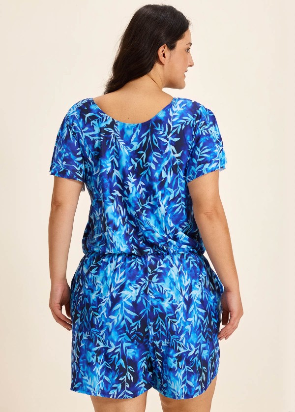 Blue Leaf V Neck Upf50+ Short Sleeves Vintage Pocket Curvy Swimsuit One Piece Swim Romper