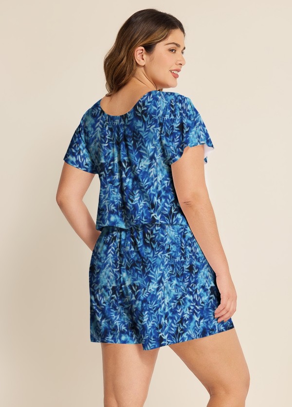 Blue Leaf V Neck Upf50+ Short Sleeves Vintage Pocket Curvy Swimsuit One Piece Swim Romper